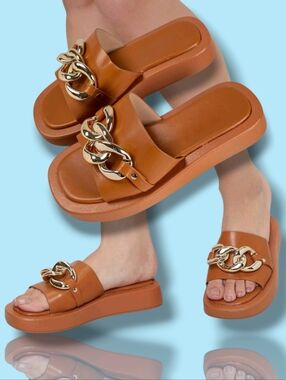 Women's Tan PU Leather Curb Chain Slide Sandals